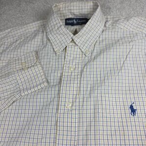 Ralph Lauren Yarmouth Dress Shirt‎ Mens 15.5 34/35 Ivory Blue Check Button Front